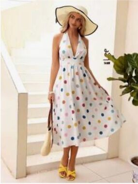 Halter Midi Dress in White with Multicolor Polka Dots